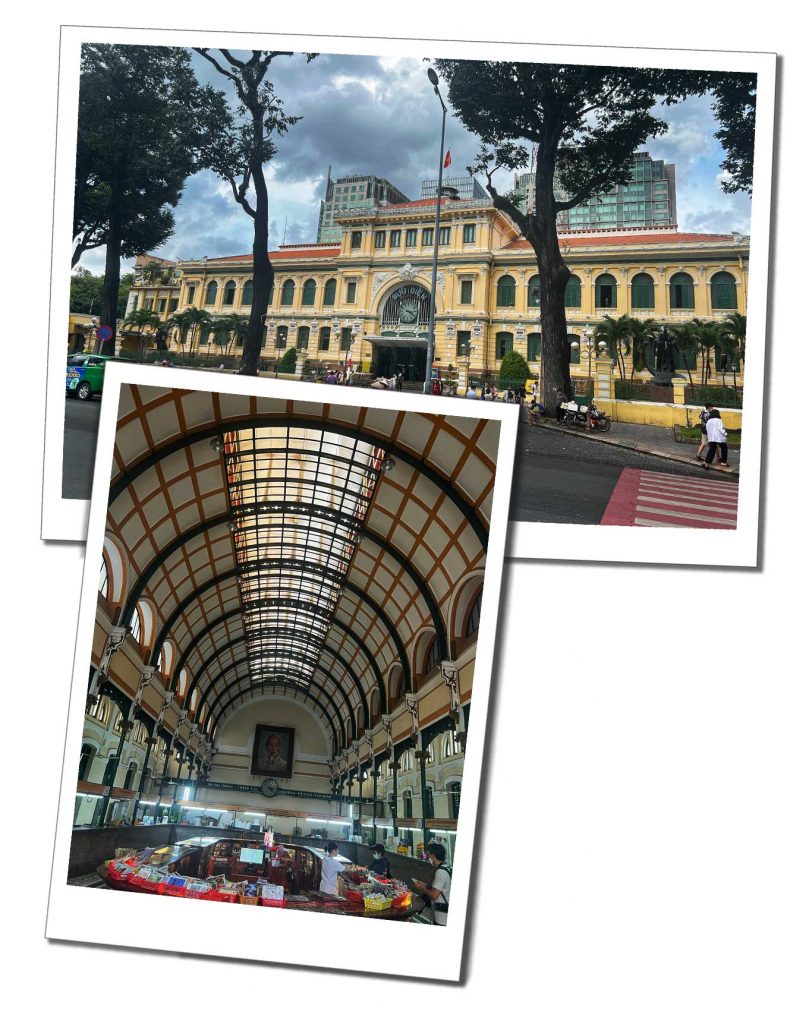 Two photos, one inside and one outside of the Saigon post office with it's stunning curved ceiling