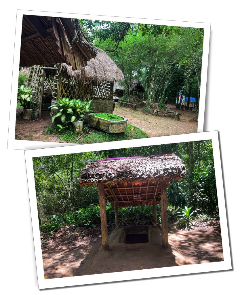 Two thatched roofed small wooden huts in green Vietnamese countryside