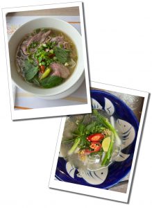 Pho in two pictures in a white bowl and in a blue bowl with a fish pattern on