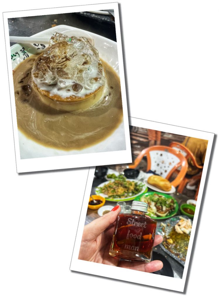 Pictures of Vietnamese street food including a small bottle of brown liquid with the words Street food man on the front of it