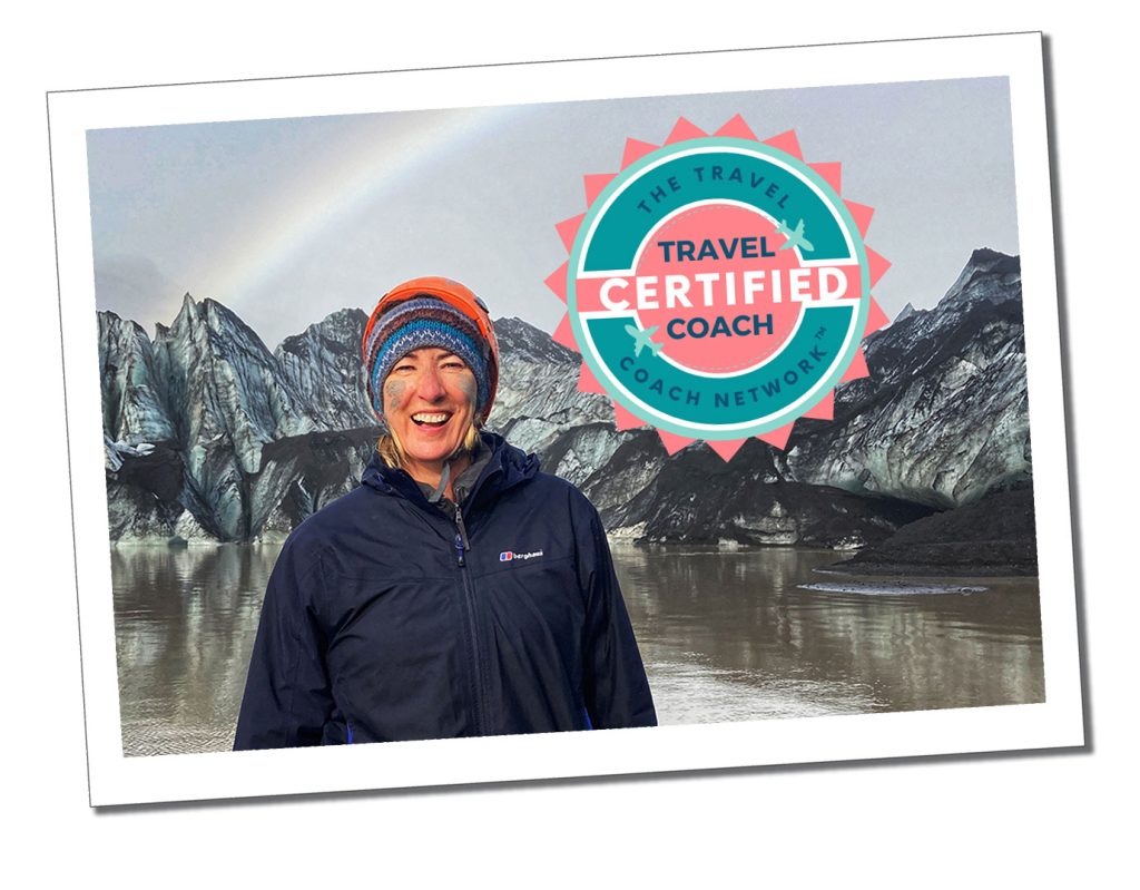 A Woman in a striped hat smiling in front of a backdrop of a tranquil glacier and rainbow with a large icon with the words certified on