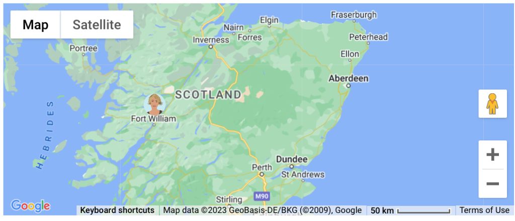 A close up Map of North Scotland with a blonde woman avatar next to Fort William