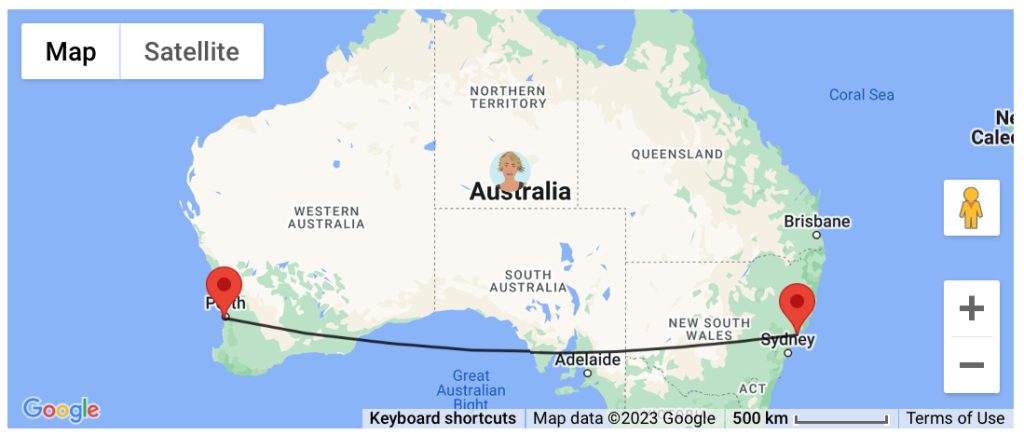 A map of Australia with an avatar of a blonde woman and line and two markers between Perth and Sydney