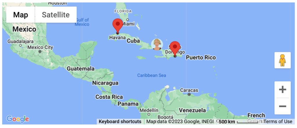 A map with Havana, Cuba & Santo Domingo, Dominican Republic marked with red dots and an Avatar of a blonde woman