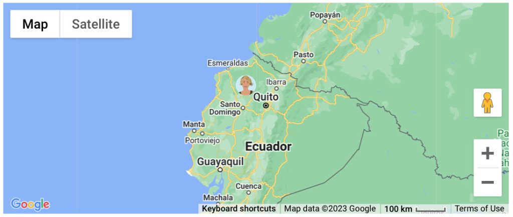 A close up map of the North of Ecuador, around the region of Quito with an avatar of blonde woman