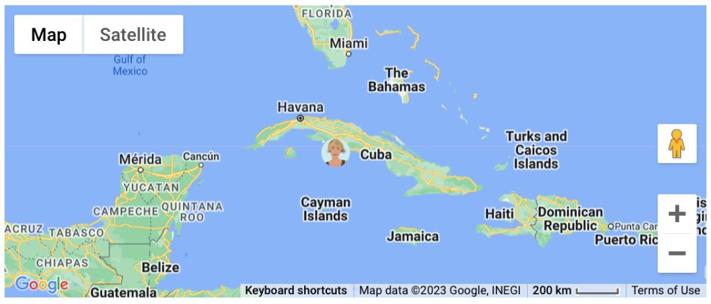 A close up map of Cuba and the surrounding Islands with an avatar of blonde woman