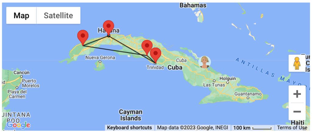 A map of Cuba with Havana, Trinidad, Cienfuegos & Viñales, Cuba marked as red markers with an avatar of a blonde woman