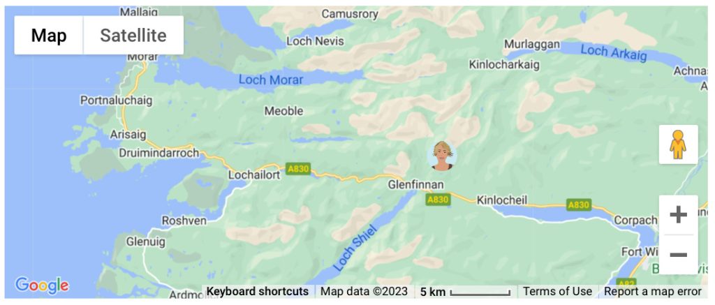 A close up Map of North Scotland with a blonde woman avatar next to Glenfinnan
