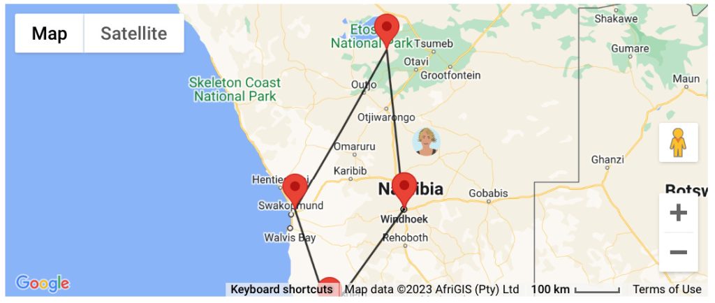 A google map of Namibia around Windhoek with an Avatar of a blonde woman with red markers pin pointing areas visited
