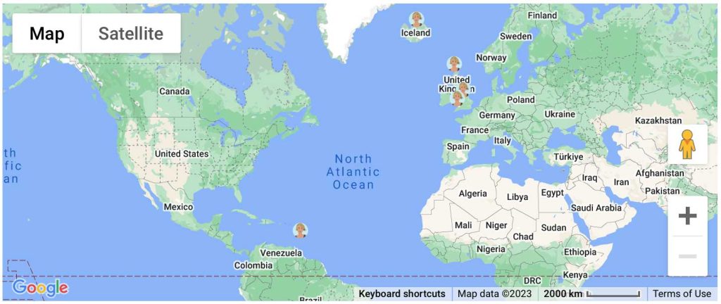 A map centred on the North Atlantic ocean with Avatars of a blonde woman placed on Iceland, UK and The Caribbean