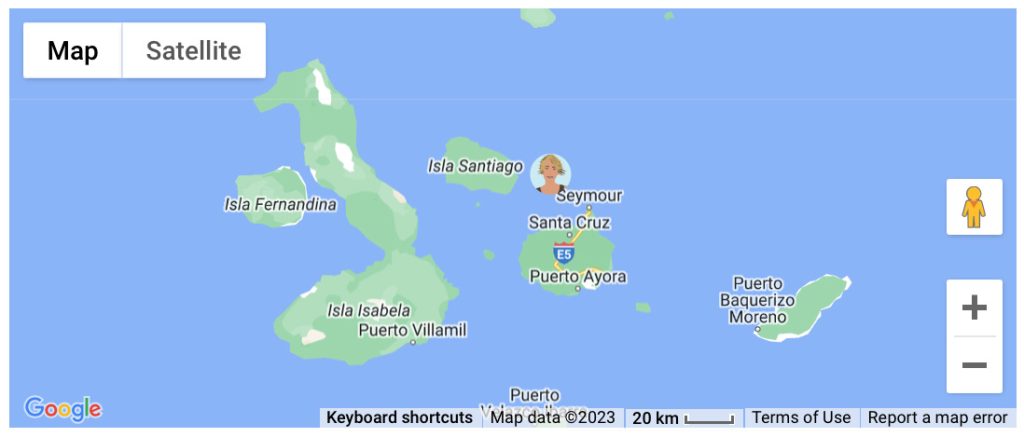 A map of The Galapagos Island region of Santa Cruz with an avatar of blonde woman between Santiago and Santa Cruz