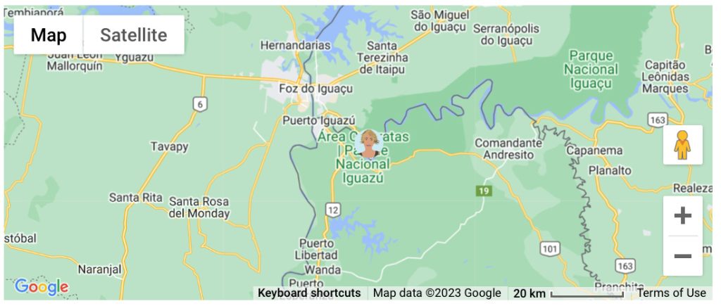A close up map of Argentina with an avatar of a blonde woman, focusing in on Iguazu National Park