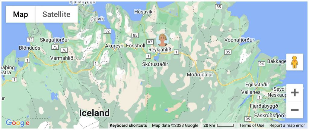 A map centred on Avatars of a blonde woman placed on Iceland, focusing on Myvatn