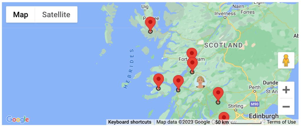 A close up Map of Scotland with a blonde woman avatar and red dots signifying places of interest in the Highland region