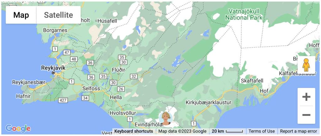 A map centred on Avatars of a blonde woman placed on Iceland, focusing on Reykjavik and the surrounding SÓLHEIMAJÖKULL glacier in Iceland