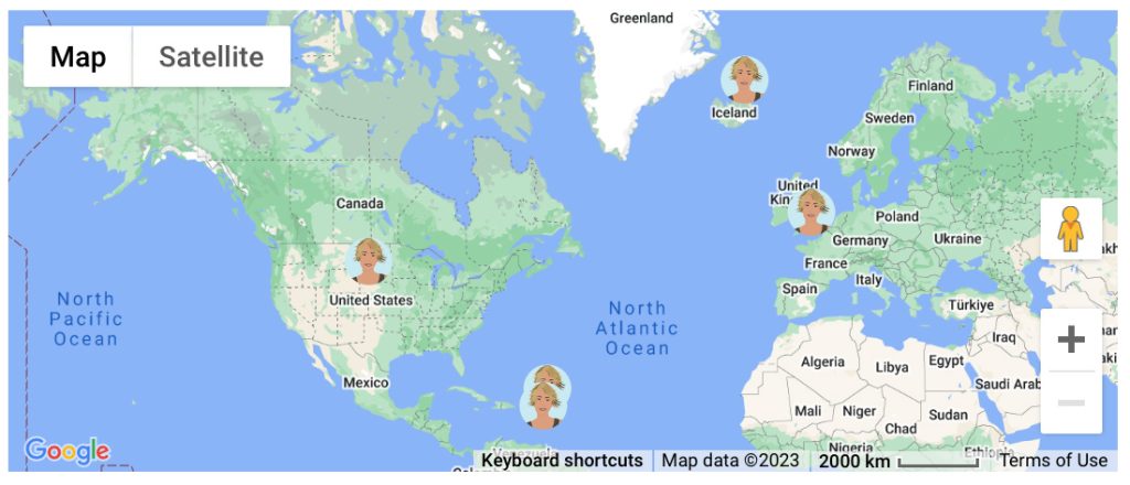 A map centred on the North Atlantic ocean with Avatars of a blonde woman placed on Iceland, UK, USA and The Caribbean