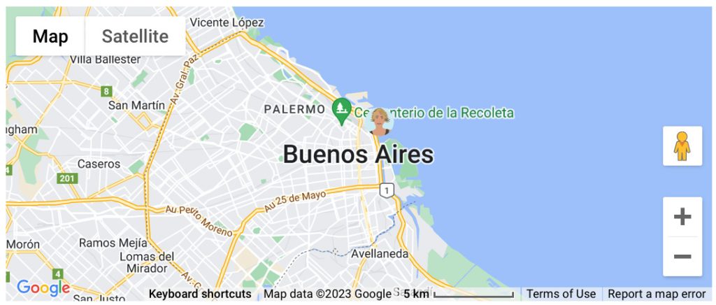 A close up map of Buenos Aires in Argentina with an avatar of a blonde woman