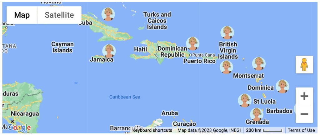 A zoomed in map of the Caribbean with small Avatars of a blonde woman placed on the islands