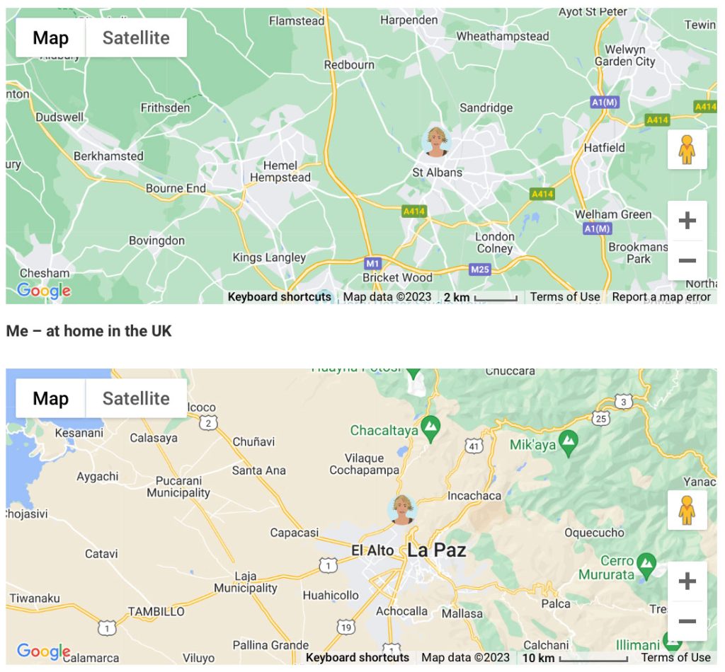 Two maps with a blonde woman avatar on them. One near St Albans in the UK and another by La Paz in Bolivia
