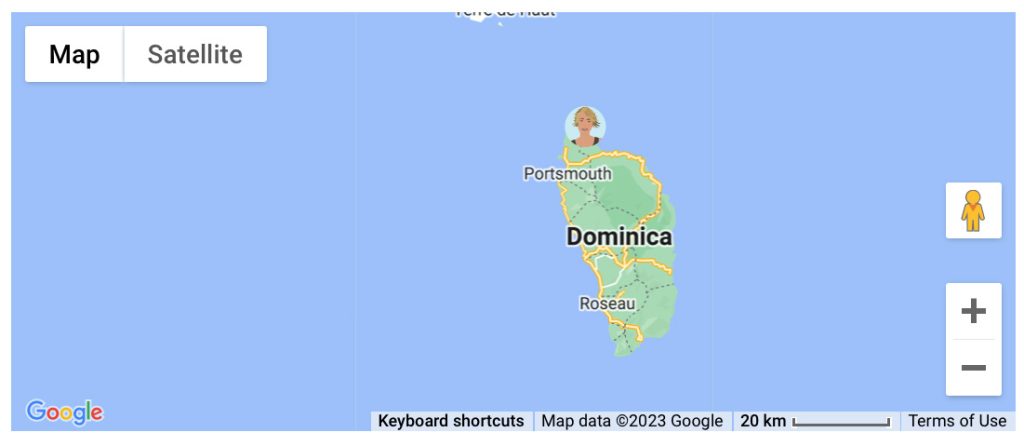 A close up Map of the Island of Dominica with a blonde woman avatar