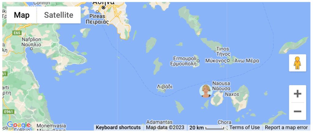 A map of the Greek Islands focusing on Naxos with Greek text and a blonde woman avatar next to Naxos