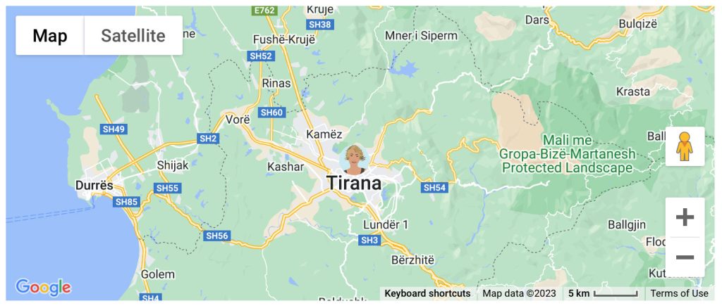 A zoomed in map of Albania focusing on Tirana