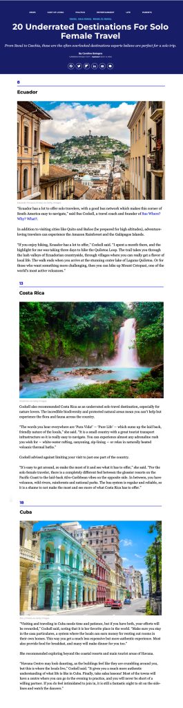 Images of Sues choices for 20 Underrated Destinations For Solo Female Travel. Ecuador, Costa Rica and Cuba
