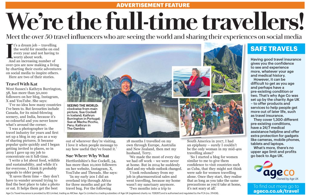 sue appears in the Saturday Mail and online magazine with text and a picture of her in Iceland by a glacier framed by a rainbow