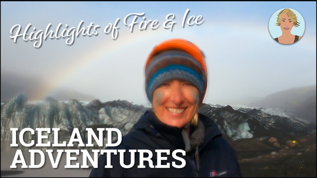 A slightly blurred image of a woman in a brightly coloured stripy hat standing in front of a glacier and a rainbow with a text overlay
