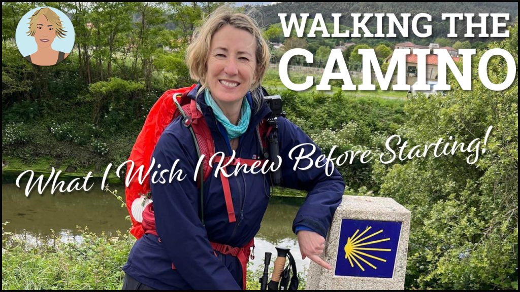 YouTube Cover image of a woman dressed in hiking gear crouching next to a sign post with a blue background and a yellow sun
