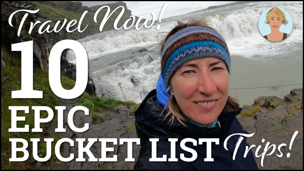 A blonde woman in a wooly headband standing in front of a raging river