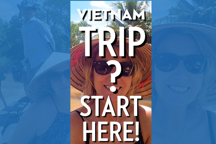 A Woman in a Vietnamese straw hat and sunglasses sitting on river boat smiling