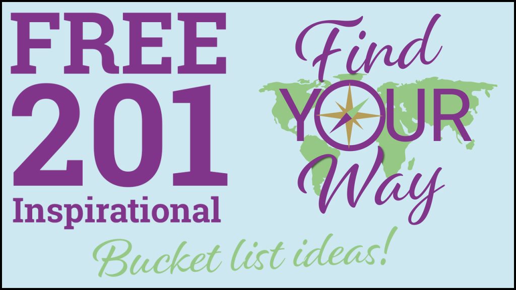 A sky blue box with large purple text saying FREE 201 Inspirational Bucket List Ideas