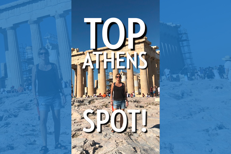 A blonde woman in sunglasses standing in front of The Parthenon in Greece