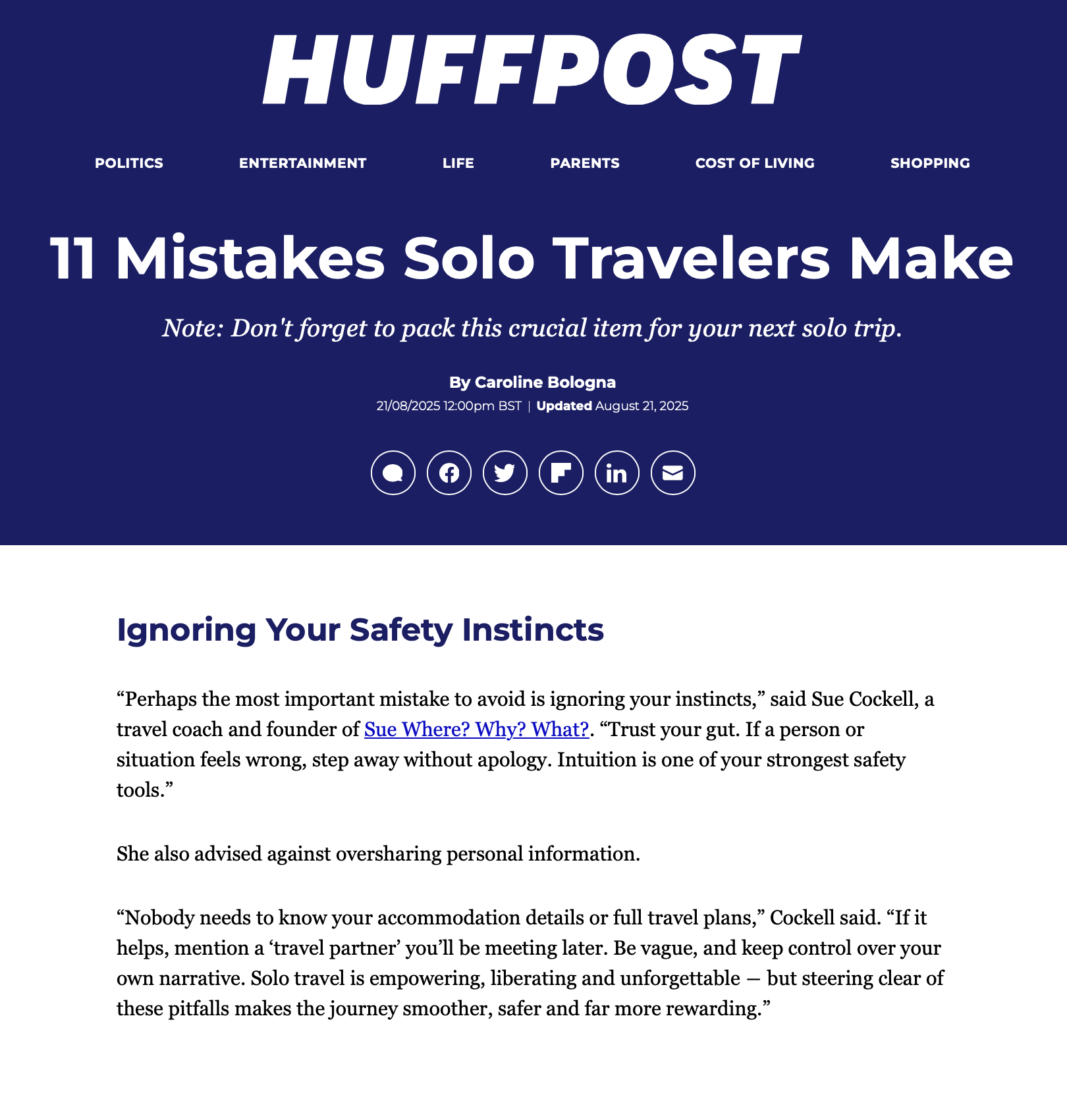 Text based box with a blue header banner saying HUFFPOST