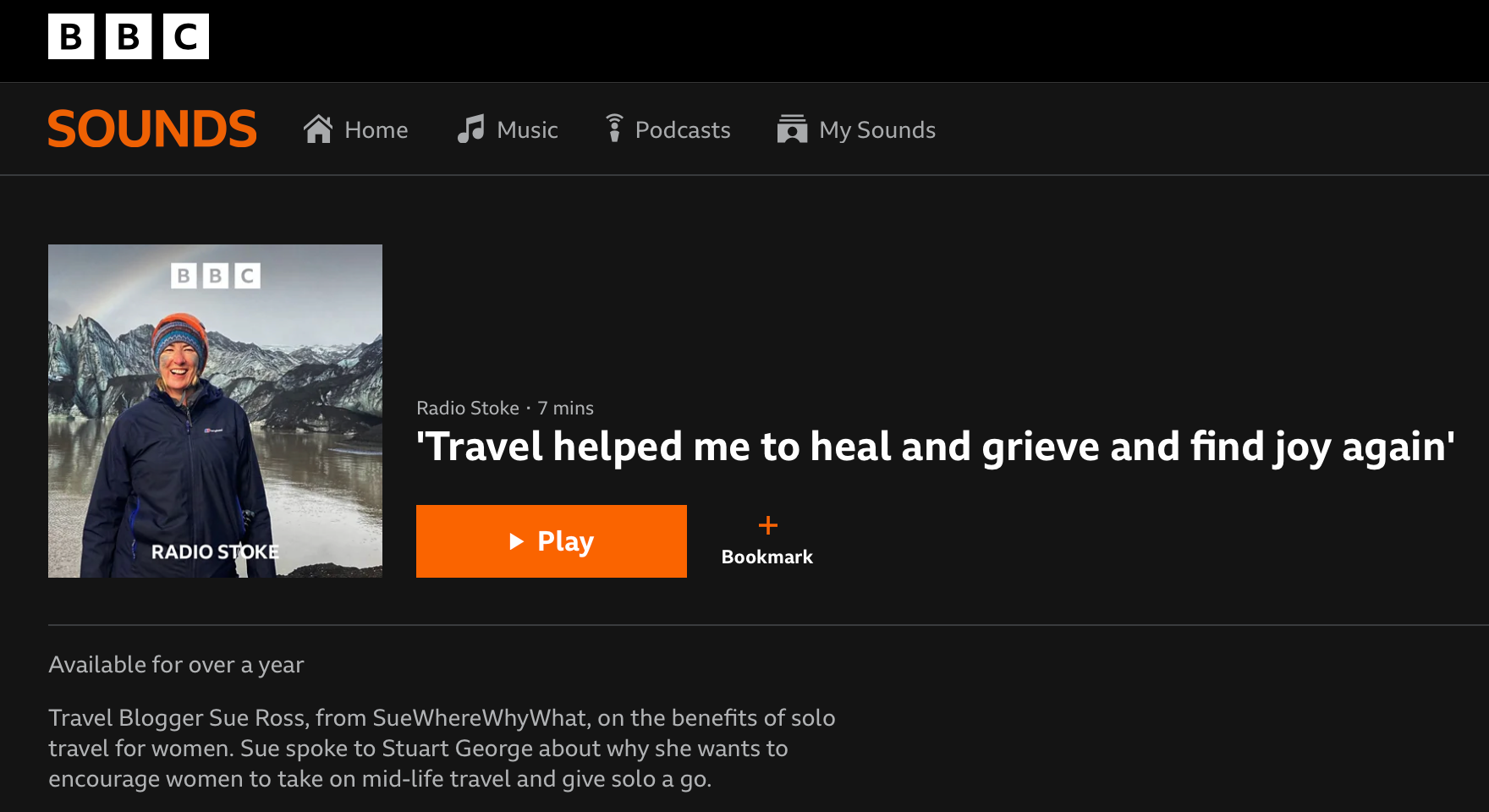 A screenshot from a BBC podcast featuring a person standing by a glacier