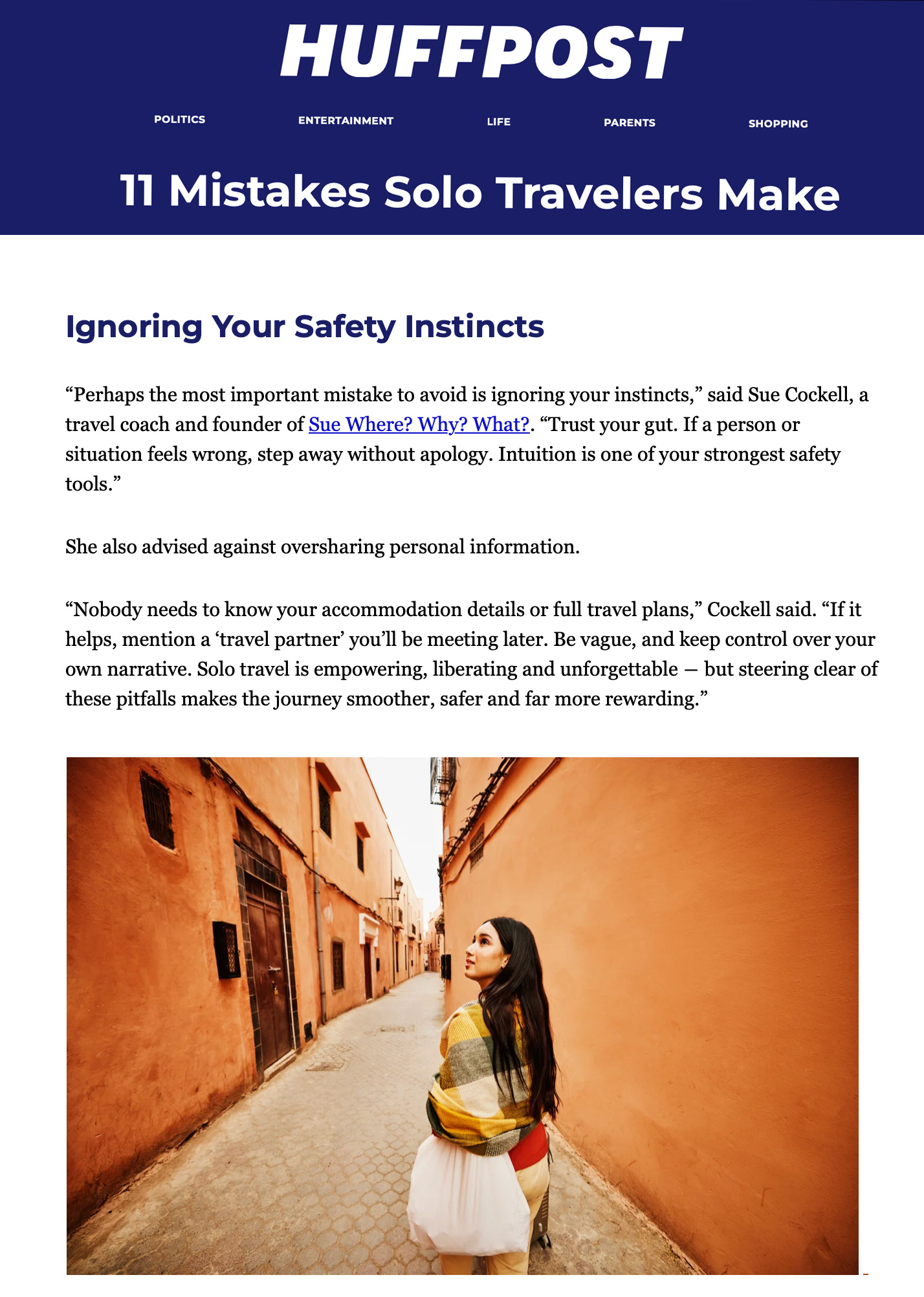 Screenshot of a Huff Post Article on Travel Mistakes