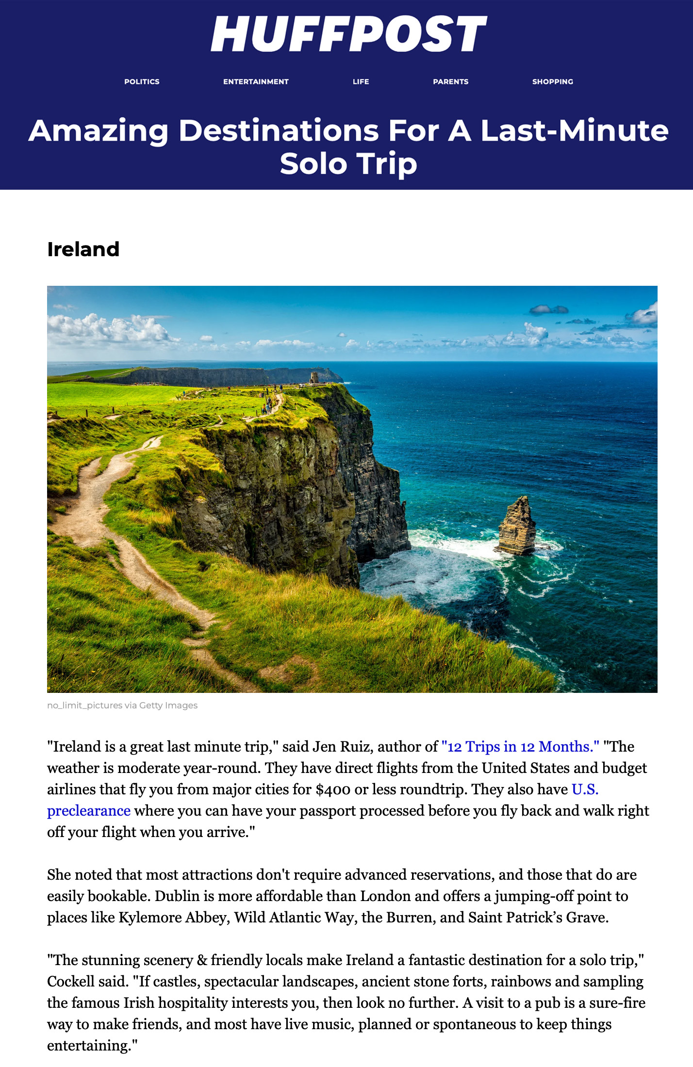 Screenshot of a Huff Post Article on Ireland